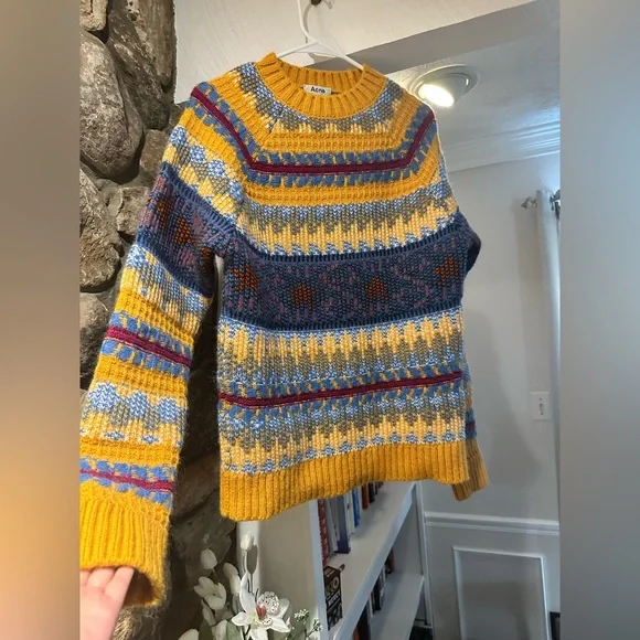 Acne Studios $470 Wool alpaca Yellow Multi-Stripe Jacquard Knit Crewneck Sweater - Picture 11 of 16